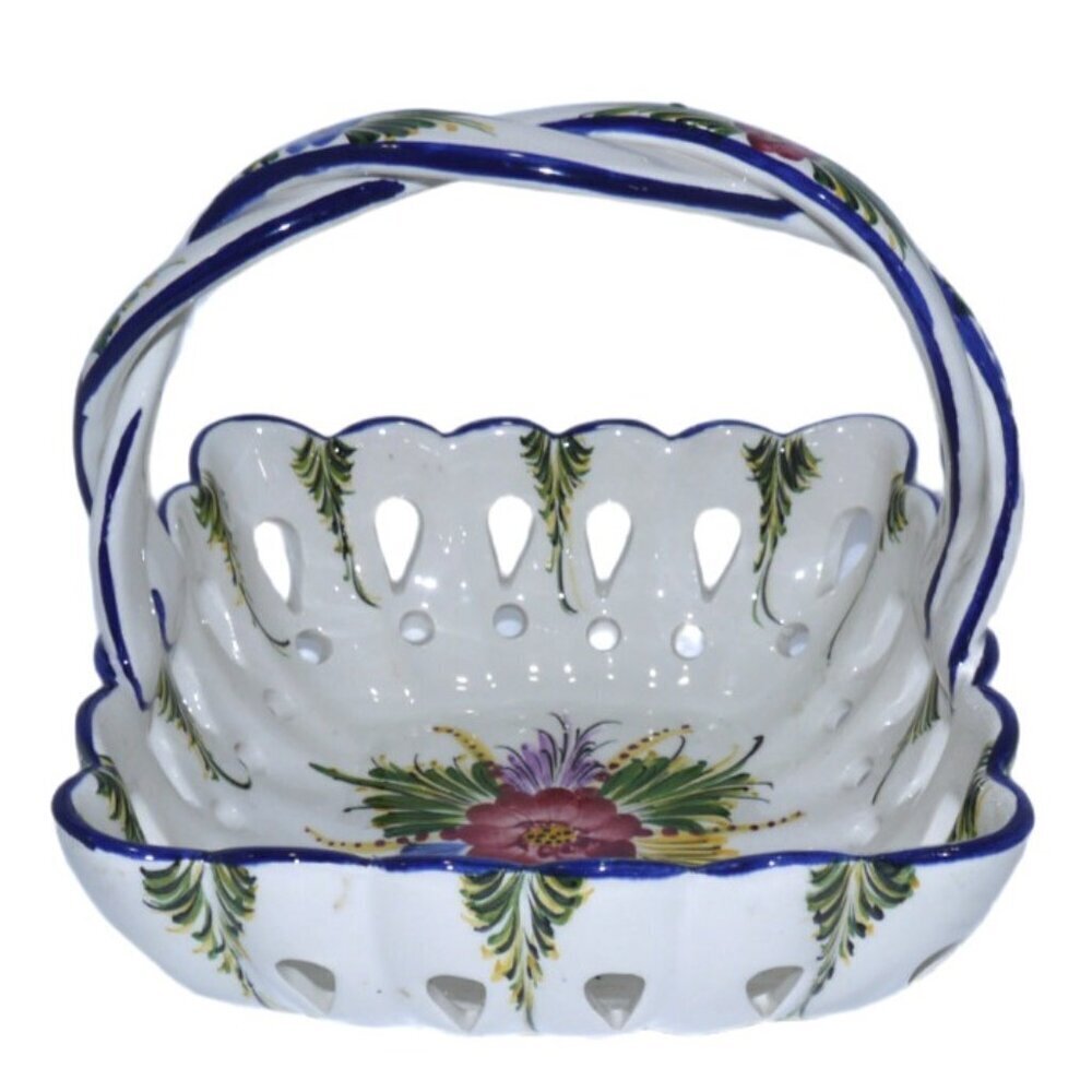 RCCL blue & white ceramic basket 7.5" tall & square hand painted in Portugal